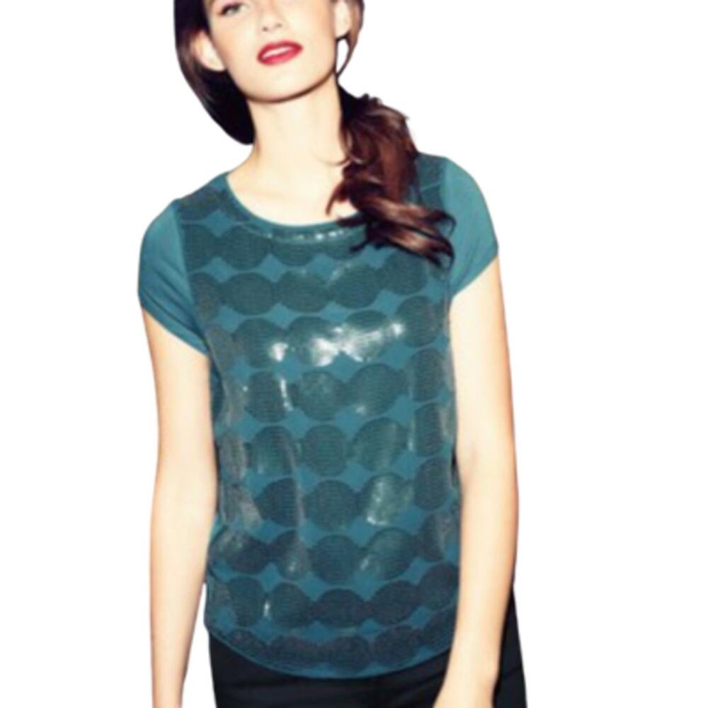 Boden Short Sleeve Sequin Top Geometric Circles Dark Teal Size 6
